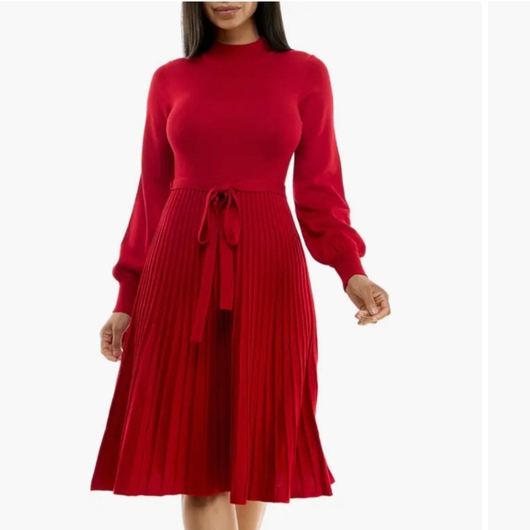 New Nina Leonard Red Tie Waist Fit & Flare Sweater Dress - Picture 1 of 3
